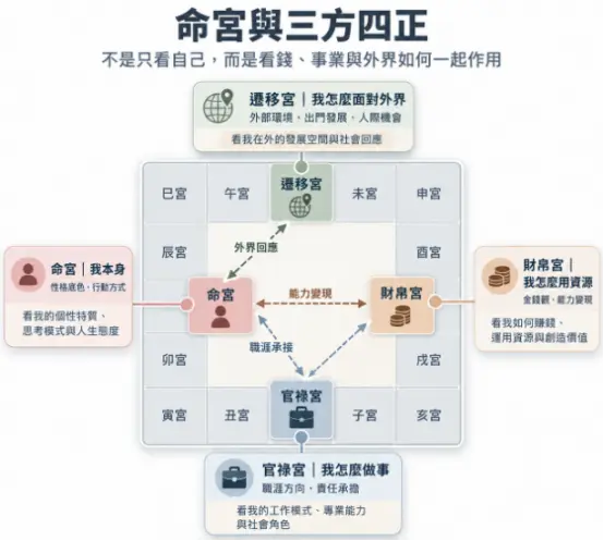 這是進階探討「命宮是什麼意思」的三方四正架構圖。畫面打破只看單一宮位的盲點，以代表「我本身」的命宮為樞紐，透過雙向箭頭緊密串聯起對外的遷移宮（外界回應）、掌管資源的財帛宮（能力變現）以及負責做事的官祿宮（職涯承接）。視覺化地傳達了一個核心觀念：要真正讀懂命宮，就必須將個人特質與金錢、事業及外界環境放在一起綜合評估，才能看見完整的生命格局。