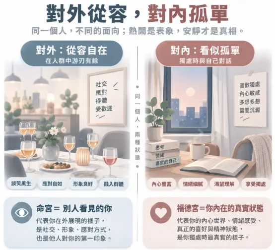 這是一幅對比命宮與福德宮涵義的雙面性格解析圖。畫面以左右分割的場景呈現極大反差：左側明亮的聚餐桌象徵命宮對外展現的從容社交與良好形象；右側靜謐的夜間書桌則代表福德宮渴望獨處、細膩敏感的真實內在。透過具象化的情境對比，生動詮釋了當事人「熱鬧是表象，安靜才是真相」的內外心理落差。