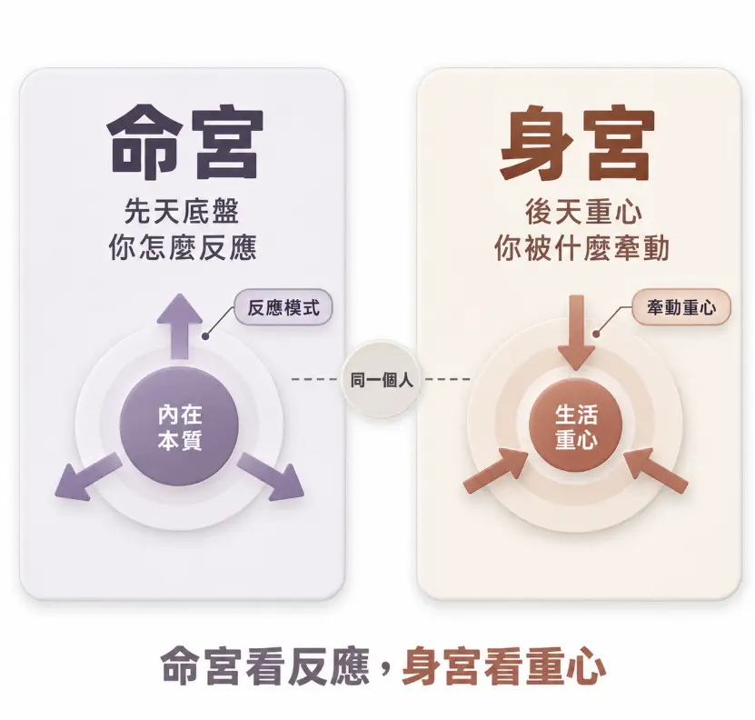 這是一幅生動展現「命宮身宮」底層運作邏輯的對比圖解。畫面左側以向外擴散的箭頭，說明命宮代表先天本質，決定了我們遇事的「反應模式」；右側則以向內匯聚的箭頭，呈現身宮作為後天生活重心，顯示我們容易被特定領域「牽動」。圖卡透過向外反應與向內牽引的直觀動線差異，精準概括了命理上「命宮看反應，身宮看重心」的核心觀念。