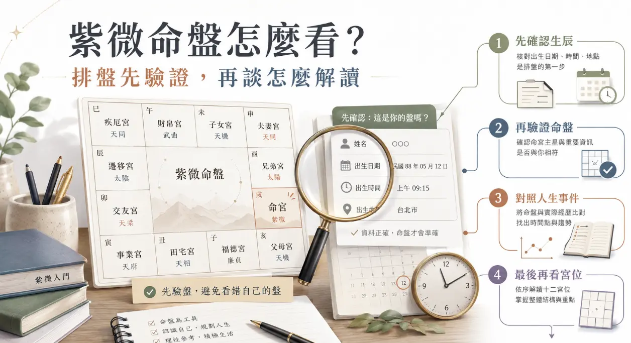 這是一張指導初學者「命盤怎麼看」的紫微斗數實境教學圖。畫面以書桌上的十二宮格命盤為中心，透過放大鏡圖示凸顯核對出生資料的重要性；右側則依序整理出先確認生辰、再驗證命盤、對照人生事件，最後才看宮位解析的四大實務步驟，提醒大眾在鑽研命理前，務必先確保基礎盤象無誤，才能得出具參考價值的生命藍圖。