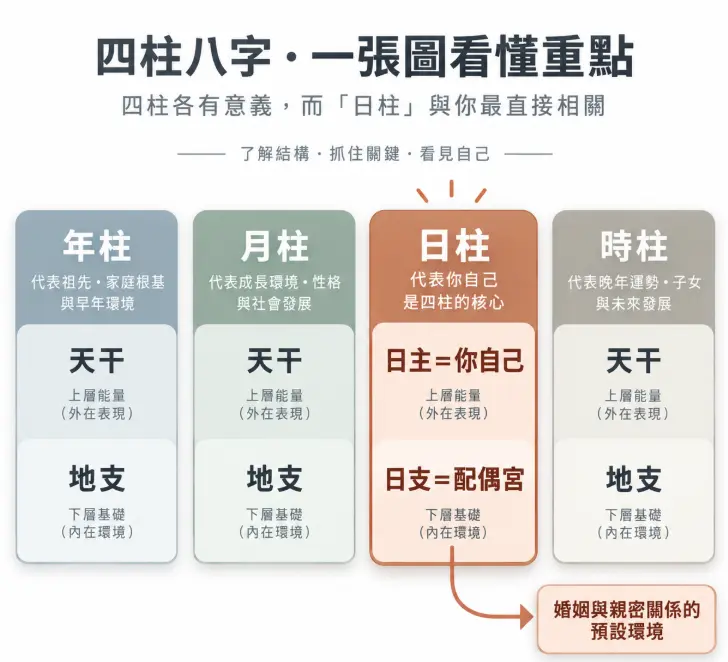 這是一幅拆解四柱八字架構的基礎觀念教學圖。畫面將年、月、日、時四柱以模塊化整齊排列，並特別將代表命盤核心的「日柱」以暖色板塊突顯；圖中清晰標註上方天干為代表外在表現與自己的「日主」，下方地支則是代表內在環境的「八字配偶宮」，幫助初學者一秒鎖定位置，直觀理解配偶宮在命理上作為親密關係預設環境的重要意義。