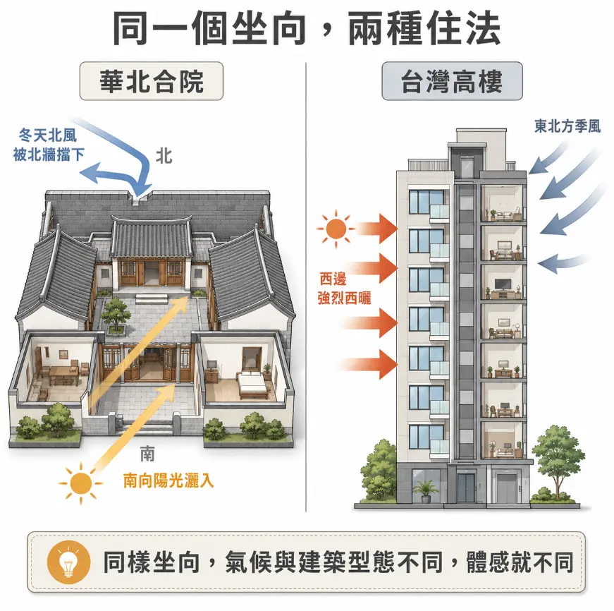 這是一幅解析「坐北朝南風水」因地制宜觀念的建築體感比較圖卡。畫面左側展示傳統華北合院能完美擋下冬季北風、迎入南向暖陽的原始設計優勢；右側則對比出台灣現代高樓即便擁有相同坐向，依然會受到東北季風吹拂與建築側邊強烈西曬的考驗。透過直觀的環境型態比對，點破風水法則必須結合當地氣候與實際屋況，切勿生搬硬套傳統理論。
