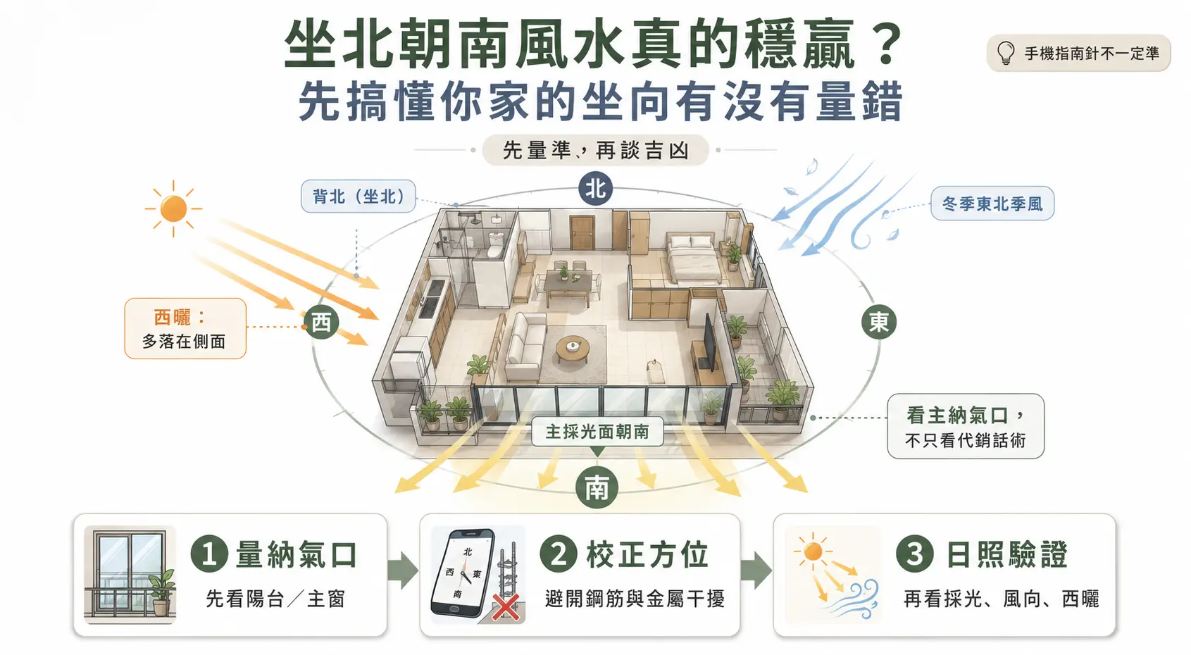 這是一張破解「坐北朝南風水」必勝迷思的3D居家平面圖。畫面以現代公寓格局為例，詳細標註南向迎光、北側背風，以及東西兩側的日照與冬季東北季風軌跡；下方則統整出尋找主納氣口、避開金屬干擾校正方位，以及實地驗證日照風向的三大科學步驟，提醒購屋族不應盲從字面上的吉凶，必須親自測量才能確保獲得冬暖夏涼的真實效益。