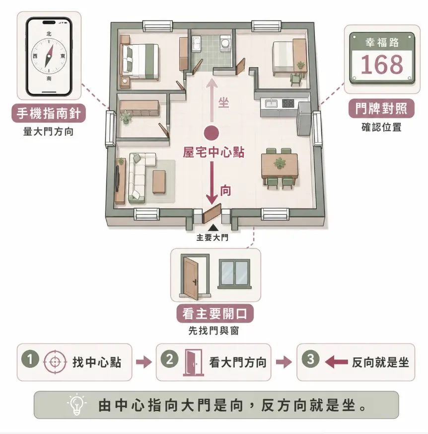 這是一幅輔助確認是否為「坐東朝西風水」格局的坐向測量教學平面圖。畫面以標準居家格局為範例，清晰圖解從屋宅中心點指向主要開口（大門或大窗）即為「向」，而正後方反向即為「坐」的核心邏輯；下方整理出找中心、看大門與定反向的三大步驟，並提示可搭配手機指南針作交叉比對，幫助讀者精準定位自家的風水基準線。