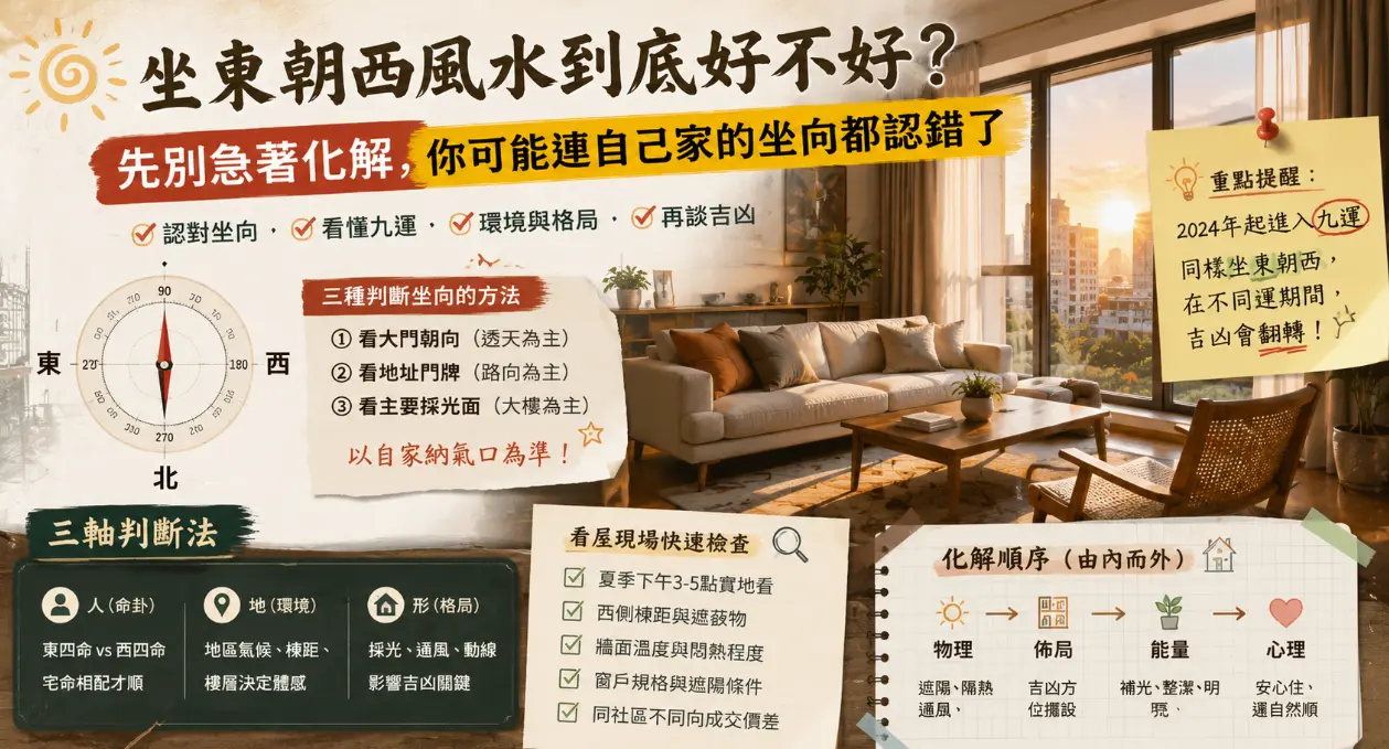 這是一張全面解析「坐東朝西風水」吉凶判斷的客廳實景教學圖。畫面詳細列出確認房屋坐向的三種方法與結合人、地、形的「三軸判斷法」，並附帶看屋現場的快速檢查清單；圖卡右側特別提醒2024年進入九運後對方位的影響，同時提供從物理遮蔽到心理調適的四階段化解順序，引導大眾以科學與理氣並重的方式客觀評估西曬格局。