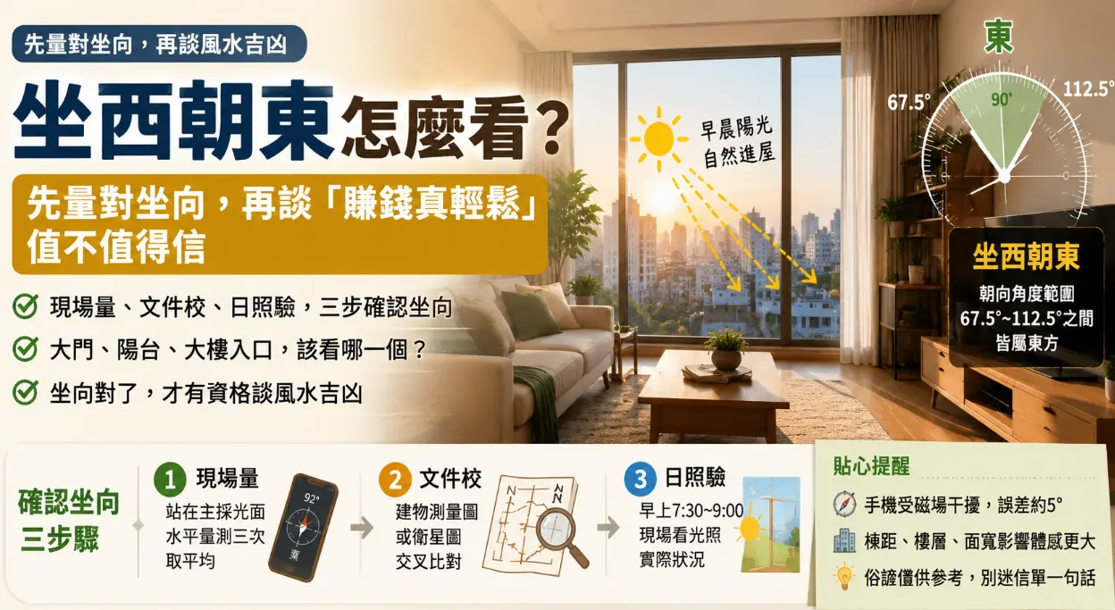 這是一張解答「坐西朝東怎麼看」的客廳實景教學圖。畫面展示早晨陽光透過大片落地窗灑入室內的情境，右側標註了朝東的標準羅盤角度（67.5°至112.5°）；下方則整理出確認坐向的科學三步驟，包含現場手機測量、建物測量圖文件比對，以及實地觀察早晨7點至9點的日照狀況，提醒購屋族應先以客觀數據確認房屋真實方位，再進一步探討風水吉凶與俗諺的參考價值。