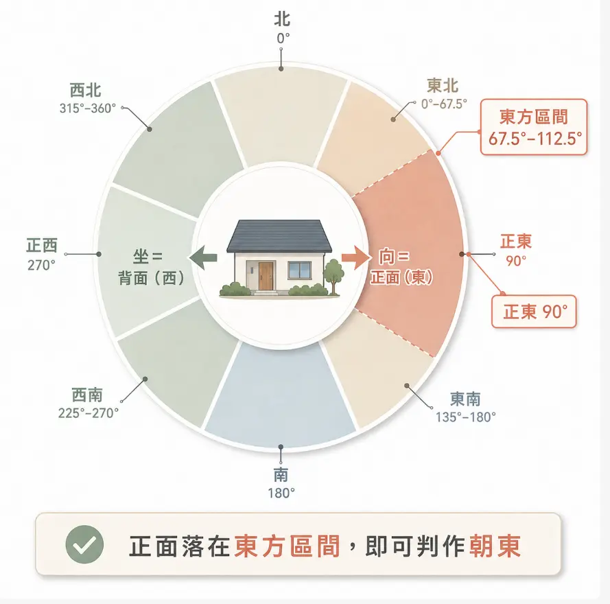 這是一幅輔助判讀「坐西朝東怎麼看」的羅盤方位圖卡。畫面以一棟平房為中心，清楚定義房屋背面朝向正西（270度）為「坐」，正面朝向正東（90度）為「向」；圖中特別將東方區間（67.5度至112.5度）以橘紅色塊凸顯，直觀地向讀者說明，只要房屋的主要採光面或大門正面落在此一扇形角度範圍內，即可準確判定為符合標準的朝東格局。