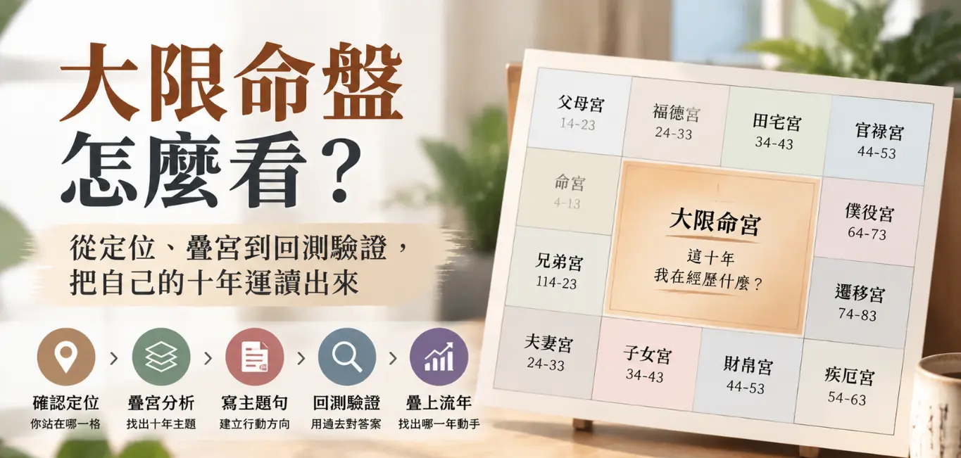 這是一張教導如何解讀「大限命盤」的實用教學圖卡。畫面右側展示標有各年齡區間的十二宮格，強調找出大限命宮來檢視「這十年我在經歷什麼」；左下方則清楚條列出從確認定位、疊宮分析、寫出主題句、用過去回測驗證，到最後疊加上流年尋找時機的五個實務步驟，幫助讀者有系統地掌握自己專屬的十年運勢走向。