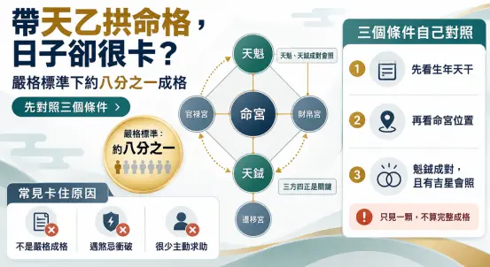 這是一張探討為何擁有「天乙拱命格」運勢卻依然不順的觀念解析圖卡。畫面指出該格局在嚴格標準下的成格機率僅約八分之一，並引導讀者透過對照生年天干、命宮位置與魁鉞是否成對來進行自我檢視；下方同步統整了遇煞忌衝破或個性上很少主動求助等現實卡關原因，幫助命主釐清擁有好格局卻覺得日子難熬的真實盲點。