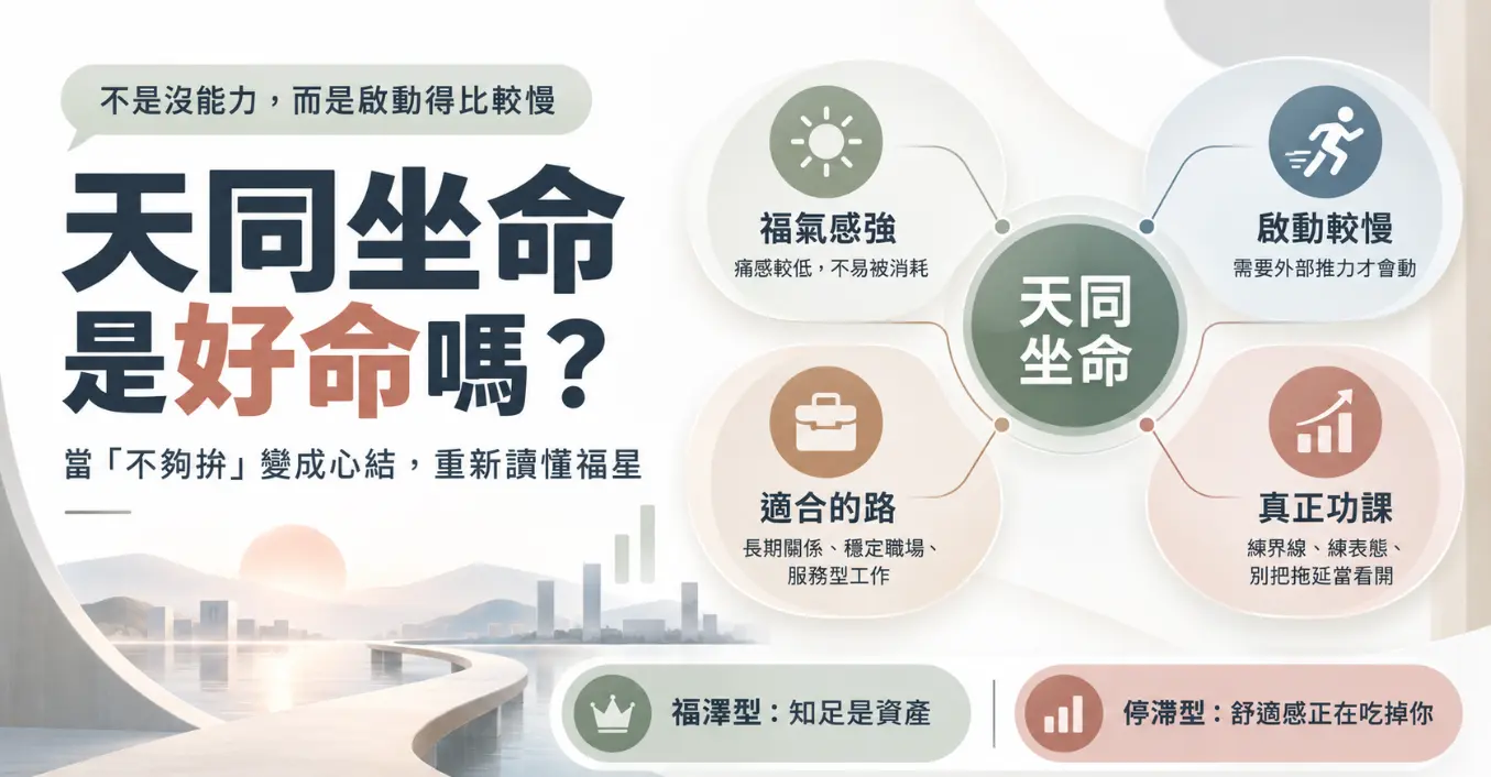 這是一張解析「天同坐命」特質與人生課題的觀念圖卡。畫面以四個圓形標籤，點出天同星福氣感強、啟動較慢的先天性格，並指引其適合穩定服務型的工作路徑，同時提醒要學會畫定界線與表態；圖面下方更對比了將知足當作資產的「福澤型」，與被舒適感吞噬的「停滯型」，幫助讀者重新讀懂這顆福星，將不夠拚的心結轉化為自身的獨特優勢。