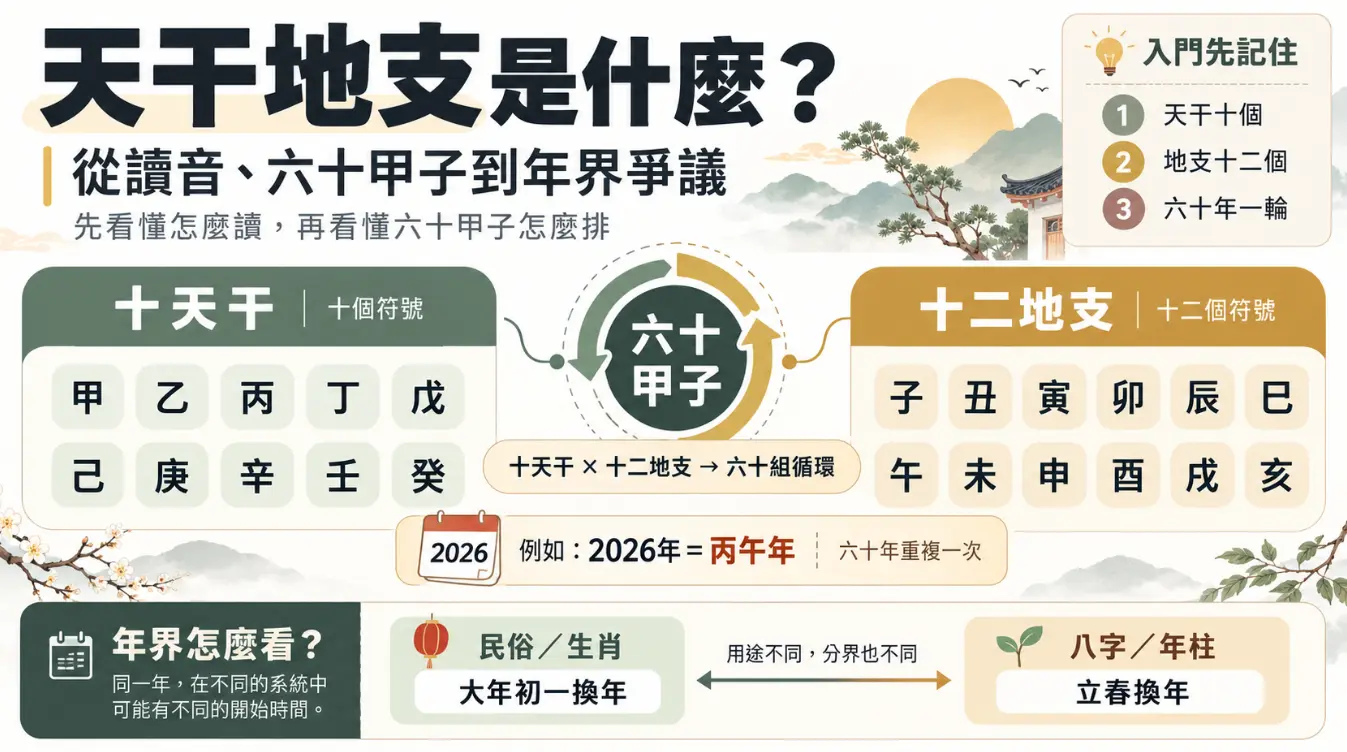解析天干地支基礎概念與年界爭議的入門圖表。畫面完整列出十天干與十二地支符號，並圖解兩者交錯形成六十甲子的循環規則。下方特別釐清年界判定差異，指出民俗生肖是以大年初一換年，而八字命理則以立春為界，建立正確曆法觀念。