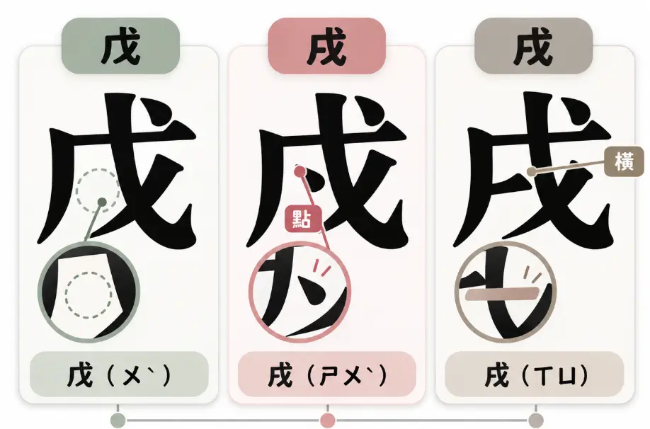 辨析天干地支常見易混淆字元的視覺對照圖。畫面放大對比「戊」、「戌」與「戍」三個字形，透過局部特寫點出中空、帶點與帶橫線的關鍵結構差異。同時附上注音符號輔助發音，幫助大眾在排盤或閱讀命理資料時，能快速精準辨識這些極度相似的文字。