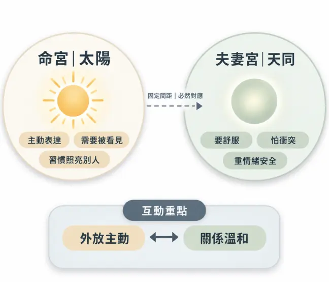 這是一幅說明「夫妻宮天同」與命宮太陽必然對應的特質解析圖。畫面左右並列了兩大星曜的核心需求：左側太陽星展現出外放主動、需要被看見且習慣照亮別人的特質；右側天同星則反映出追求舒適、害怕衝突且極度重視情緒安全的溫和面向。透過圖卡中央的雙向箭頭，清楚點出這組固定間距的宮位連動，幫助讀者一眼看懂兩人在感情互動中的底層邏輯與互補性格。