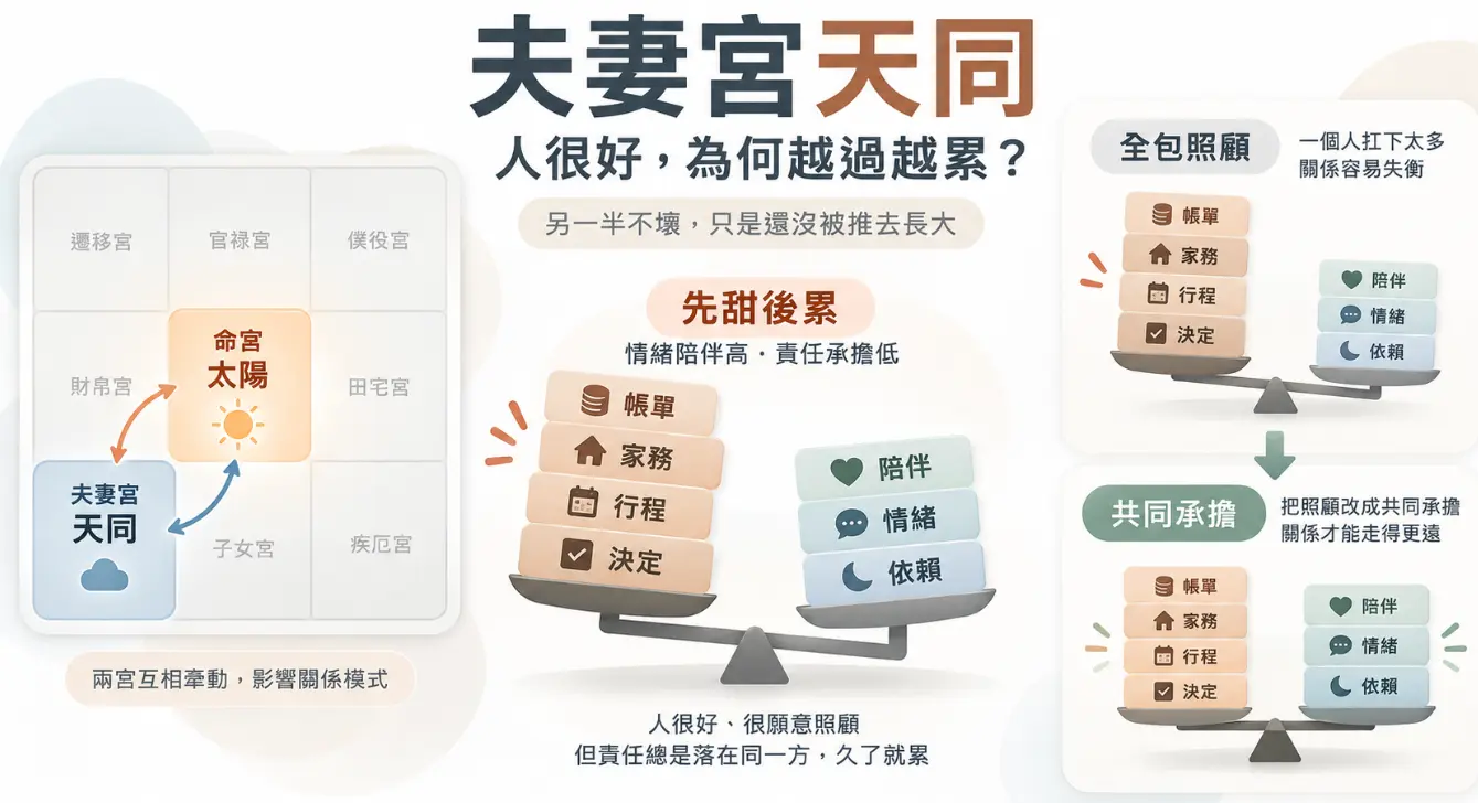 這是一張解析「夫妻宮天同」感情盲點的關係天平圖。畫面左側點出命宮太陽與夫妻宮天同的必然連動，中央以失衡的蹺蹺板生動呈現「先甜後累」的相處模式，指出實質責任（如家務、行程與帳單）若因單方面全包而重壓在一端，將導致關係嚴重傾斜；右側則給出解方，引導讀者將單向的過度照顧轉化為雙方共同承擔，幫助伴侶一起長大，才能讓這份感情走得更長遠。