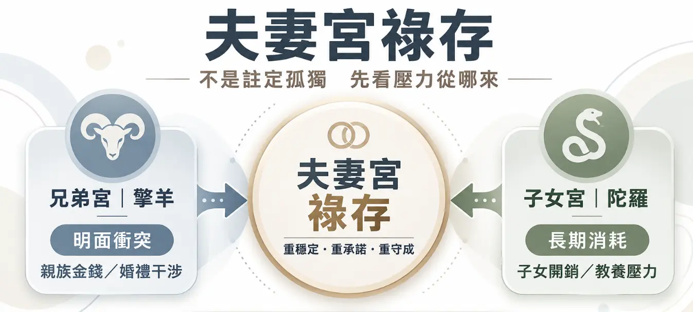這是一張解析「夫妻宮祿存」隱形壓力來源的教學圖卡。畫面中央點出祿存重承諾與穩定的特質，兩側則具象化了命盤中「羊陀夾祿」的現實挑戰：左方受兄弟宮擎羊的明面衝突影響，常伴隨親族金錢或婚禮干涉；右方則受子女宮陀羅的長期消耗牽制，帶來教養與開銷壓力。圖文藉此提醒讀者，這類格局並非註定孤獨，而是需要伴侶共同面對來自雙方家族與現實生活的外部考驗。