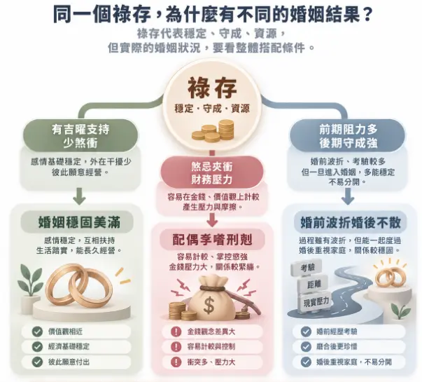 這是一幅說明「夫妻宮祿存」因整體條件不同而產生三種婚姻結果的邏輯分析圖。畫面以代表資源與守成的祿存星為起點，向下分支出三條路徑：左側遇吉星支持時，感情踏實且婚姻穩固美滿；中央若遭煞忌夾衝，則容易因財務壓力導致配偶變得苛刻計較；右側則點出若前期阻力多，往往會呈現婚前波折不斷、但婚後極度重視家庭而不易分開的狀態。圖卡強烈傳達了婚姻狀況必須綜觀整體命盤條件，不能僅憑單一星曜下定論。
