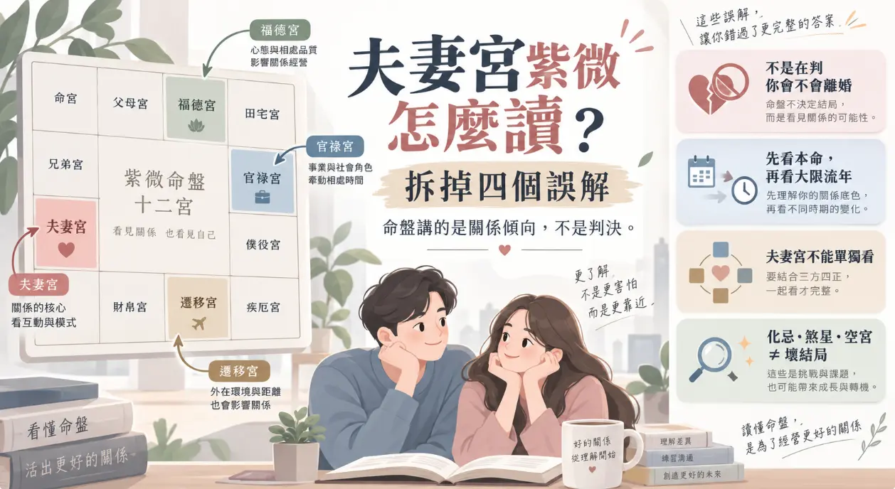 這是一張解析「夫妻宮紫微」正確認知的教學圖卡。畫面以情侶溫馨共讀為背景，左側的十二宮格明確標示出夫妻宮與福德、官祿、遷移等三方四正宮位的連動關係；右側則條列破除四大常見誤解，強調命盤並非斷言是否離婚的判決書，且遇到煞星或化忌也絕非壞結局，引導大眾以理解與經營關係的角度，客觀看待命盤中的感情軌跡。