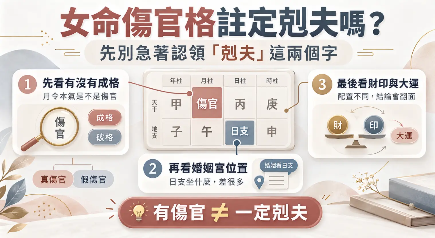 釐清女命傷官格與剋夫關聯的命理分析圖。畫面提出三步客觀檢視流程，引導讀者先確認月令本氣是否成格，接著查看日支婚姻宮的具體落點，最後綜合評估財星、印星與大運配置，破除單一格局決定婚姻好壞的傳統刻板印象。