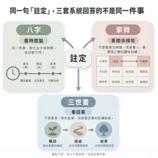 這是一幅採用莫蘭迪柔和色調設計的命理系統觀念對照圖。畫面清晰拆解了大眾對於「姻緣天註定的八字」等宿命論的誤解，指出八字重於推算時間點，紫微斗數聚焦於人際環境的關係樣態，而三世書則看重因果的延續脈絡；透過直觀的SaaS風格資訊板塊分類，幫助讀者秒懂不同命理工具在解讀「註定」時截然不同的切入點。