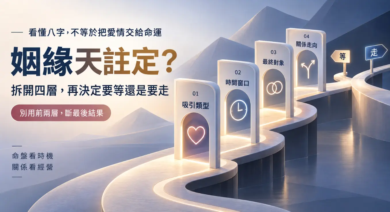 這是一張探討「姻緣天註定的八字」迷思的現代視覺化圖卡。畫面以充滿科技感的蜿蜒道路與四道發光拱門，將感情發展拆解為吸引類型、時間窗口、最終對象與關係走向四個層次；圖文點破「命盤看時機，關係看經營」的核心盲點，提醒大眾別僅憑命理設定的前兩層關卡，就提早放棄對最終結果的努力與選擇權。