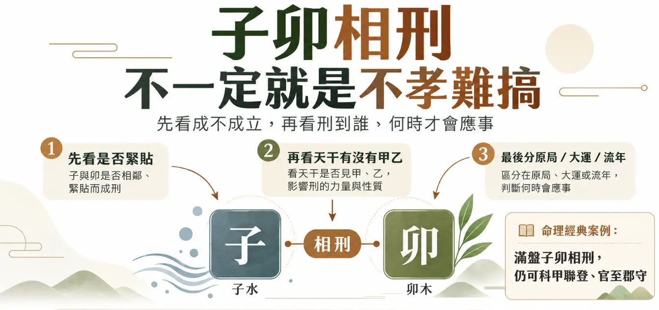 解析子卯相刑是否成立的評估流程圖。畫面點破不孝難搞的迷思，列出須檢視子卯是否緊貼、天干有無甲乙木，以及區分原局與大運流年三大步驟；並舉經典案例說明成刑未必是壞事，引導客觀解盤。