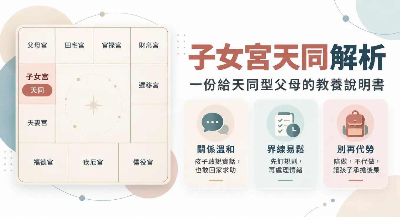 這是一張為「子女宮天同」父母設計的專屬教養說明書圖卡。畫面左側標示出命盤中子女宮落入天同星的位置，右側則歸納出三大教養重點：肯定溫和關係能讓孩子敢於求助的優勢，同時點出父母界線容易鬆動的盲點，強烈建議採取「先訂規則再處理情緒」與「陪做不代做」的原則，引導家長放手讓孩子學會為自己的行為承擔後果。