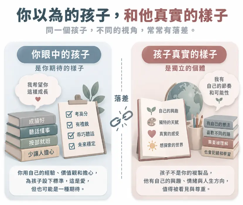 這是一幅探討親子間認知落差的心理對比圖。畫面以中央的斷裂鏈結分為兩側：左半部具象化了父母基於自身價值觀所投射的完美期待，如追求高分、乖巧聽話的標準清單；右半部則強調孩子是獨立的個體，擁有專屬的發展節奏、天賦與真實感受。圖卡溫柔提醒「子女宮紫微」的家長，愛不應只是單向的標準設立，更需要看見並尊重孩子本來的面貌。