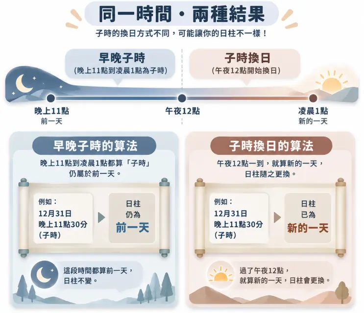 比較早晚子時與子時換日規則的八字排盤對照圖。畫面透過橫向時間軸與日柱卷軸,客觀圖解深夜 11 點至凌晨 1 點出生者,如何因為換日邏輯的不同,導致八字喜用神分析的基準完全改變。