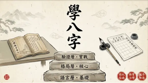 呈現學八字循序漸進過程的古風示意圖。畫面中央以三層石階具象化命理的學習進程，由底部向上依序標示為語言層基礎、格局層核心與驗證層實戰，並輔以古籍與筆墨紙硯等視覺元素，強調務實治學的層次脈絡。