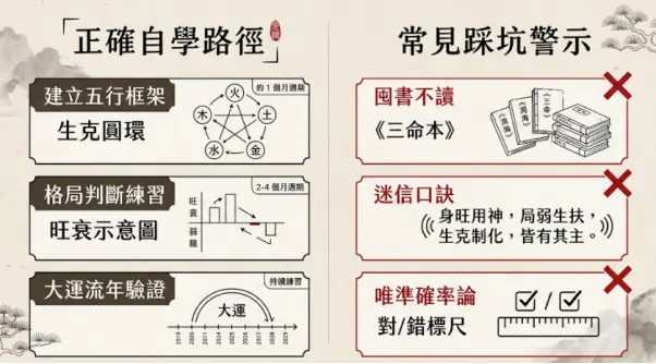 對比正確學八字步驟與學習盲點的實務圖表。左側統整出建立五行框架、格局判斷練習到大運流年驗證的系統化自學路徑;右側則打叉標註囤書不讀、迷信古書口訣與唯準確率論等三大踩坑警示,直接點出初學者應避開的研讀方向。