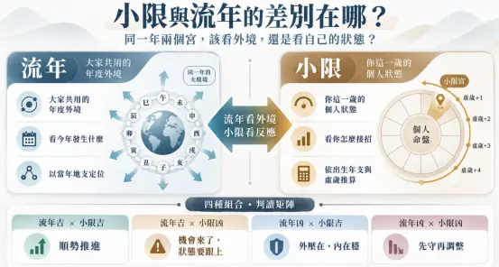 這份指南精準點出流年代表「大家共用的外在環境」、小限反映「個人這一歲的內在狀態」之核心差異。圖表下方更實用性地統整出四種吉凶交錯的應對矩陣，幫助你快速判斷何時該順勢推進、何時該先守再調整，徹底搞懂兩套系統的應用邏輯。