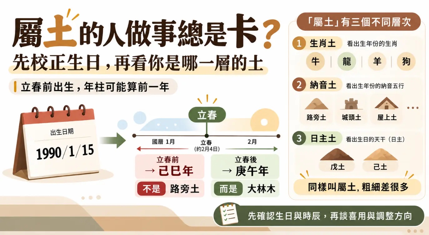 解析屬土定義與排盤盲點的圖表。左側以立春為界，提醒國曆一二月出生者易算錯年柱與納音五行；右側將屬土劃分為生肖年支、年柱納音與日主天干三個命理層次，強調必須先精準校正出生時間，才能正確判讀五行屬性。