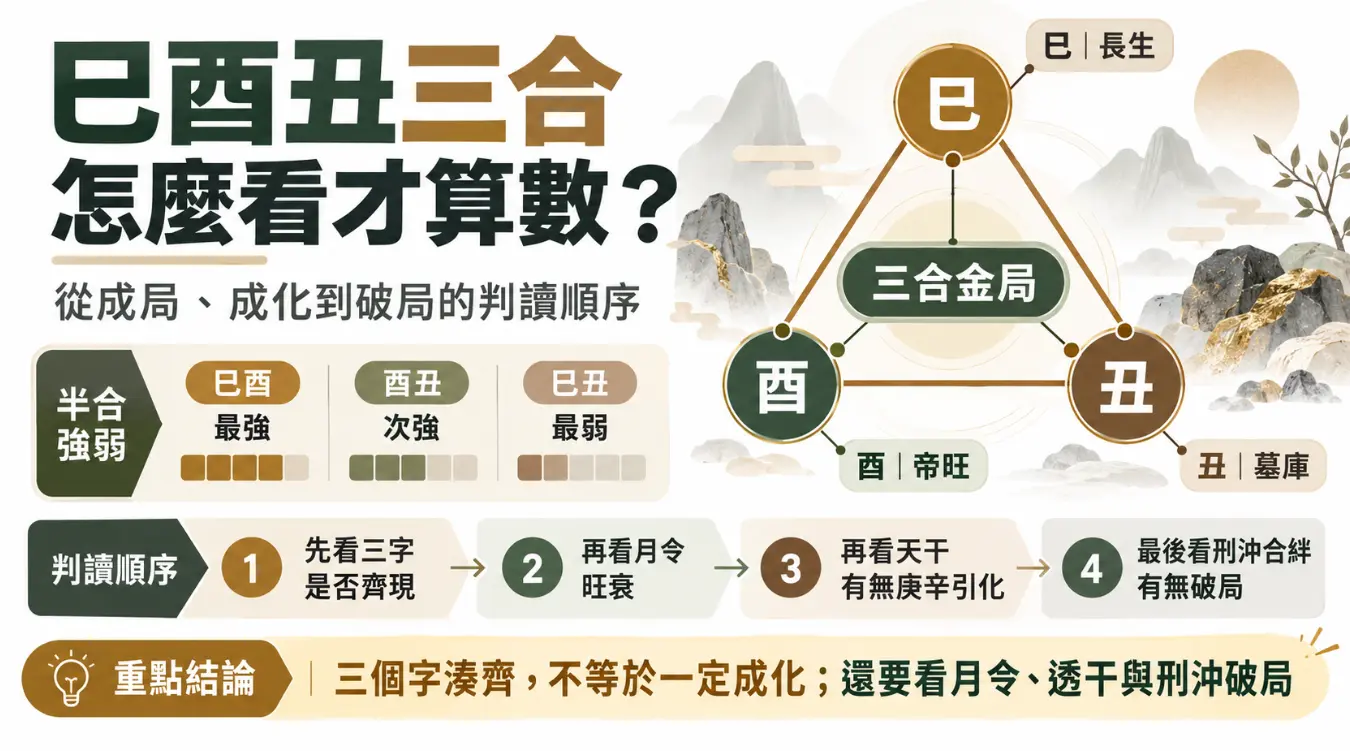 解析巳酉丑三合是否成化的四步判讀圖。畫面呈現巳酉丑構成三合金局的結構，並標示半合強弱。圖中指出評估需依序檢視三字齊全度、月令旺衰、天干庚辛引化，及有無刑沖破局，強調湊齊三字不等於必定成化，需嚴謹驗證。