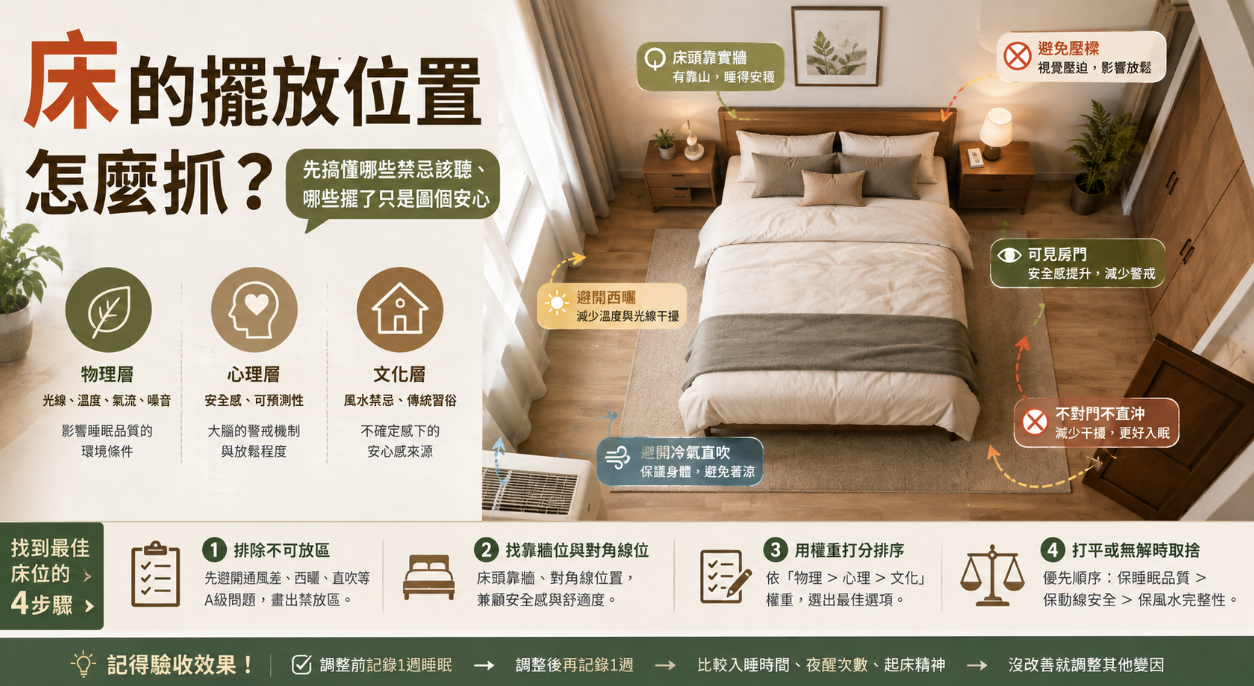 這是一張結合科學與風水的「床的擺放位置」臥室俯視圖解。畫面以溫馨的雙人床為中心，具體標示出床頭靠實牆、避開壓樑、視線可見房門與遠離冷氣直吹等佈置重點；圖卡下方及左側更系統化地將環境因素分為物理、心理與文化三個層面，並提供排除禁忌、找對角線、權重打分與最終取捨的四大實務步驟，幫助讀者有邏輯地規劃出最安穩的睡眠空間。