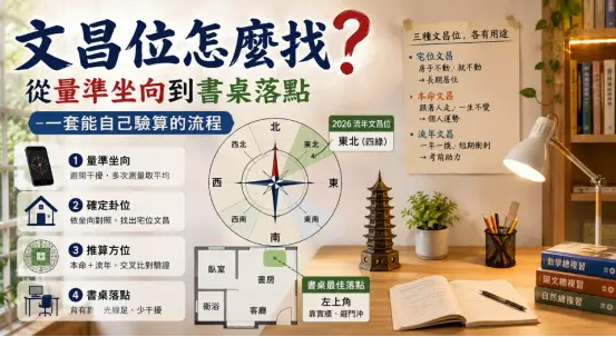 這是一張解答「文昌位怎麼找」的書房實戰教學圖解。畫面中詳列了宅位、本命與流年三種文昌位的用途差異，並引導讀者透過量坐向、定卦位、推算方位到書桌落點的四個步驟進行自我驗算；圖卡上的羅盤特別標示出2026年的流年文昌位落在東北方（四綠），配合書桌左上角的文昌塔佈置，幫助讀者有邏輯地找出並規劃能提升考運與專注力的最佳學習區。