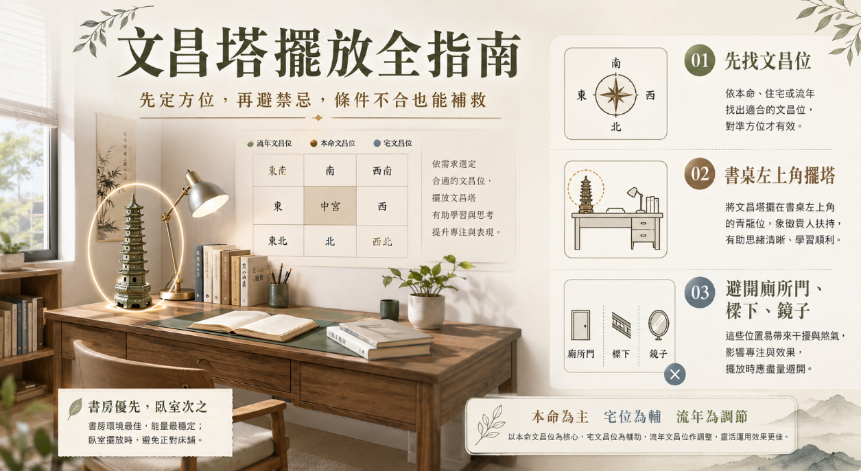 這是一張指導「文昌塔擺放」的書桌實景教學圖。畫面左側展示將文昌塔安放於桌面左上角青龍位的正確示範；右側則清晰列出實務操作的三大步驟：首先依據本命或流年找出專屬文昌位，接著確認擺放於書桌左前側以象徵貴人扶助，最後提醒務必避開廁所門、壓樑與鏡子等煞氣干擾。引導讀者透過正確的佈局邏輯，有效提升學習專注力與事業運勢。