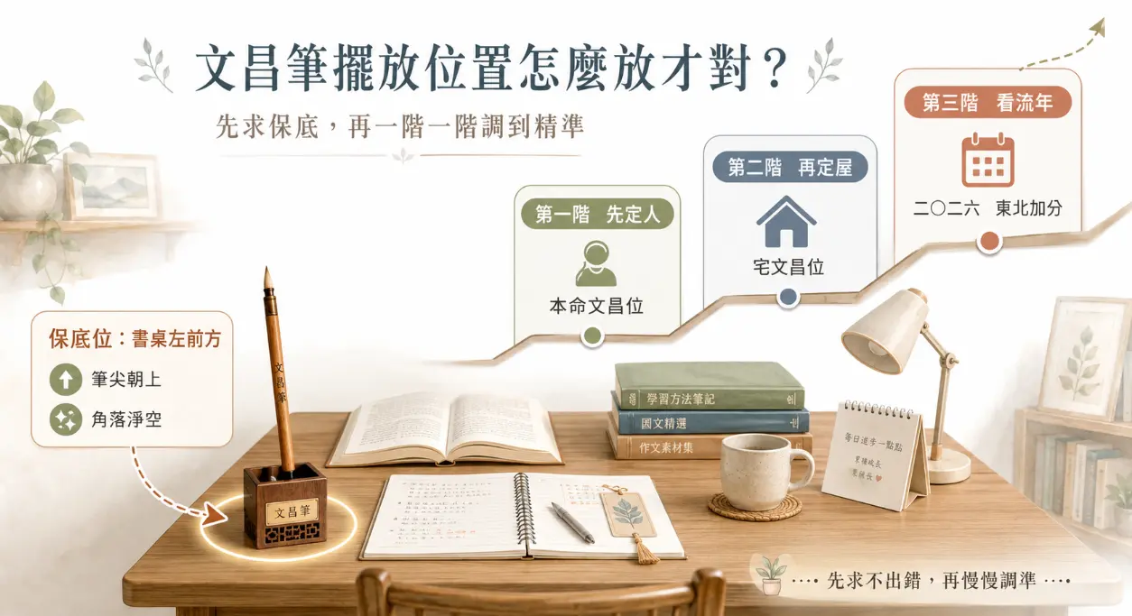 這是一張解析「文昌筆擺放」位置與進階邏輯的書桌實景教學圖。畫面左側示範了最基礎的保底做法，將文昌筆筆尖朝上、安置於書桌左前方的淨空角落；右上方則透過階梯式圖表，清楚說明風水佈局應遵循「先定人（本命文昌）、再定屋（宅文昌）、最後看流年（如2026年東北方加分）」的三階段疊加原則。引導讀者秉持先求不出錯、再逐步微調至最精準方位的務實心態，來佈置有助於專注的學習環境。