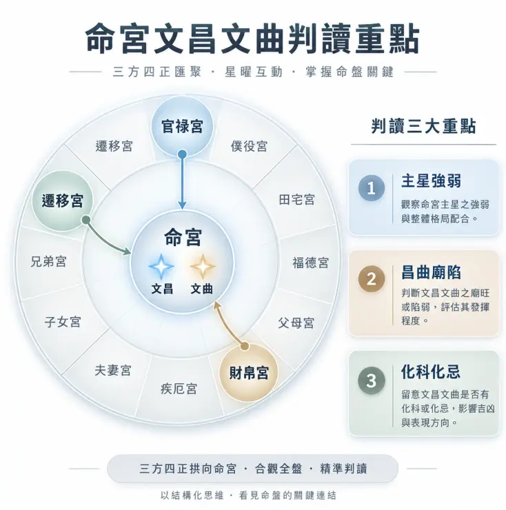 拆解文星拱命格星曜互動的視覺化圓盤圖。左側描繪官祿、遷移與財帛宮匯聚向命宮的軌跡；右側條列三大判讀核心，包含評估主星強弱、檢視昌曲廟陷程度，以及確認化科化忌的干擾，引導以結構化思維看懂命盤星曜的真實發揮力。