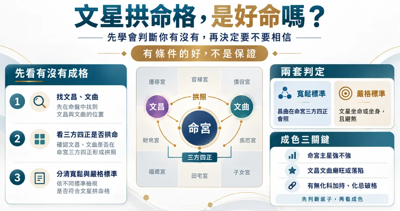 解析文星拱命格真偽與成色的判定流程圖。圖表中央展示命宮受文昌與文曲從三方四正拱照的結構；兩側客觀列出尋找星曜、分辨寬鬆與嚴格標準的三個檢視步驟，並歸納主星強弱、昌曲廟陷與化科化忌等影響格局品質的關鍵變數。