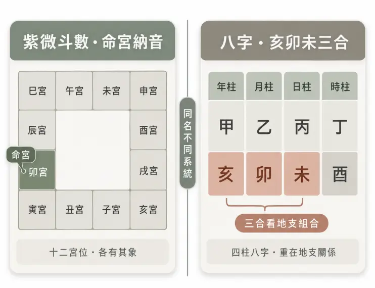 這是一幅釐清命理名詞差異的觀念對照圖。畫面左側標示紫微斗數是透過十二宮位來定出專屬的「命宮納音」；右側則說明四柱八字是重視地支組合關係的「亥卯未三合木局」。圖卡中央以「同名不同系統」為核心標籤，清楚提醒讀者在探討命理時，切勿將紫微的納音木局與八字的三合木局混為一談。