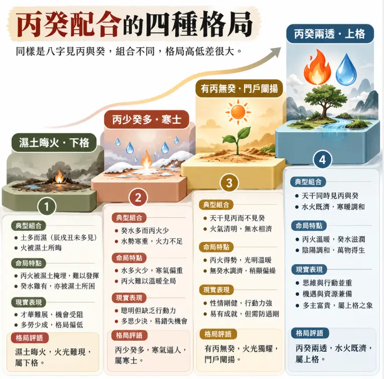展示木火通明架構下丙癸配合四種格局高低階層圖。畫面以四座立體微縮場景，具象化說明濕土晦火的下格、丙少癸多的寒士、有丙無癸的門戶闡揚，以及水火既濟、丙癸兩透的上格配置。客觀解析同見丙癸時，不同組合對現實表現的實質影響。