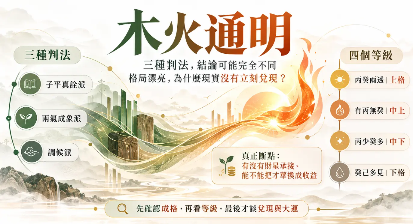 解析木火通明格局判定與變現條件的圖解。畫面左側列出子平真詮、兩氣成象與調候三派判法，右側依丙癸透干情形劃分出上至下四個層次等級。圖中特別點出格局能否兌現的真正斷點，在於是否有財星承接，以將才華順利轉化為實質收益。