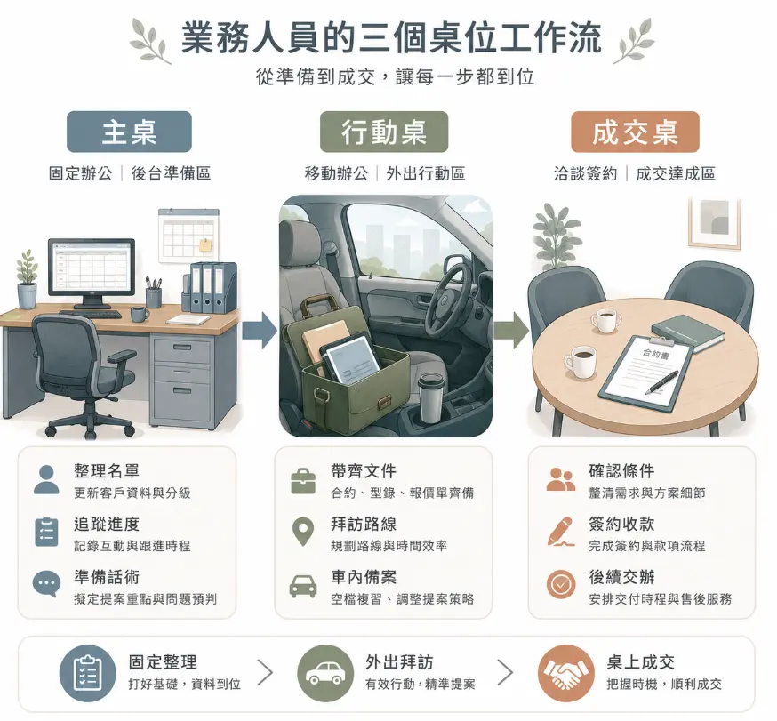 這是一幅解析「業務辦公桌風水」動態延伸的三階段工作流程圖卡。畫面以插畫形式，將業務員的作戰空間具體分為固定辦公的後台「主桌」、外出拜訪的車內「行動桌」，以及洽談簽約的「成交桌」；透過詳列每個桌位對應的整理名單、備齊文件與確認簽約等具體任務，引導讀者將好風水的有條不紊落實到從準備到成交的每一個移動環節中。