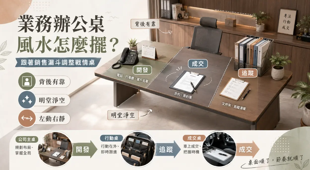 這是一張專為銷售人員設計的「業務辦公桌風水」實景佈置圖。畫面將桌面依據銷售漏斗劃分為左側開發、中央成交與右側追蹤三大區塊，並標註了背後有靠、明堂淨空與左動右靜的風水基本原則；圖卡下方更進一步將辦公概念延伸至隨身包包的行動桌與車上的成交桌，協助業務員透過有條理的桌面規劃來掌控銷售節奏，進而提升成交率。