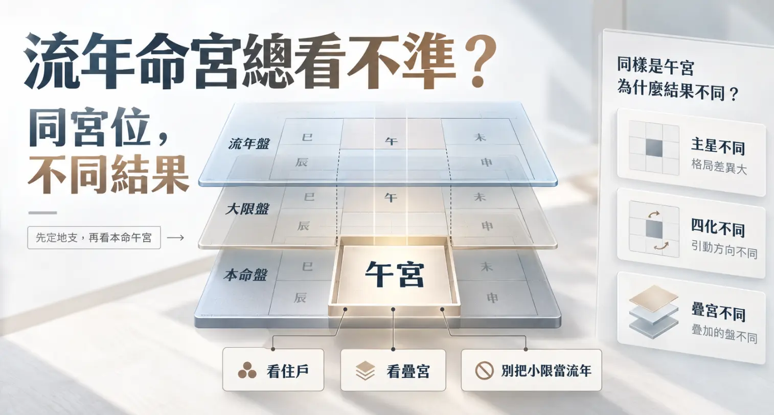 這是一張拆解「流年命宮」判讀盲點的立體視覺圖卡。畫面將命盤解構為本命、大限與流年三層透明面板，以午宮為例，精準點出即使流年走到同一個地支宮位，也會因個人星曜格局、四化引動與疊加宮位的不同，而產生截然不同的運勢結果；圖文藉此提醒讀者，看流年必須具備三層疊宮的立體思維，不能僅憑單一宮位或錯把小限當流年來下定論。
