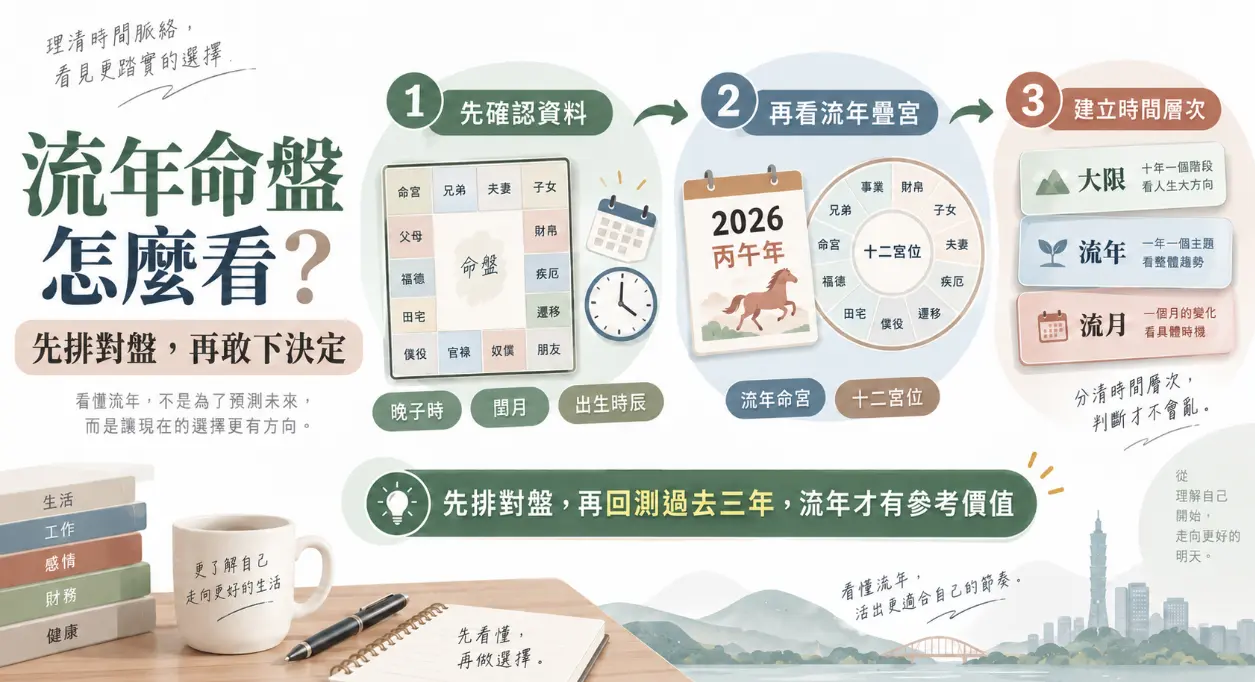 這是一張指導如何正確判讀「流年命盤」的書桌實境教學圖。畫面將看流年的邏輯拆解為三大步驟：首先確認出生資料等排盤變數，接著觀察如2026丙午年的流年疊宮變化，最後釐清大限（十年）、流年（一年）與流月（一個月）的層級關係；圖卡下方特別標註「先回測過去三年」的驗證心法，引導讀者透過嚴謹的步驟，從命盤中找出踏實的年度決策方向。