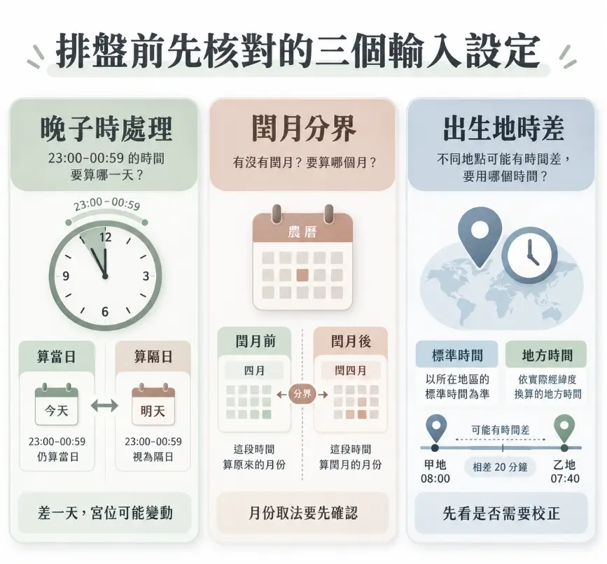 這是一幅確保「流年命盤」準確度的排盤系統設定教學圖卡。畫面以直觀的三欄式排版，詳細列出會導致宮位與運勢大洗牌的三大隱形變數：包含23點至凌晨的晚子時跨日判定、農曆閏月的月份歸屬界線，以及依據經緯度換算的出生地時差校正；藉此強烈提醒使用者，在檢視流年運勢前，務必先精準核對這些軟體輸入條件，以免解讀結果產生巨大偏差。