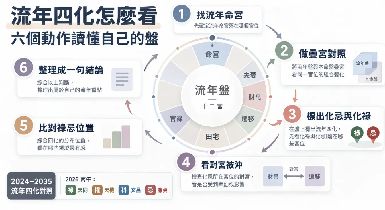 這是一張引導大眾看懂「流年四化」的實戰教學圖卡。畫面以流年十二宮盤為核心，順時針拆解出尋找命宮、疊宮對照、標示祿忌、檢視對宮受沖、比對落點，到最終收斂成一句結論的六個具體動作；透過清晰的環狀流程引導，幫助初學者有條理地將複雜的年度星曜變化，轉化為專屬於自己的流年運勢指南。