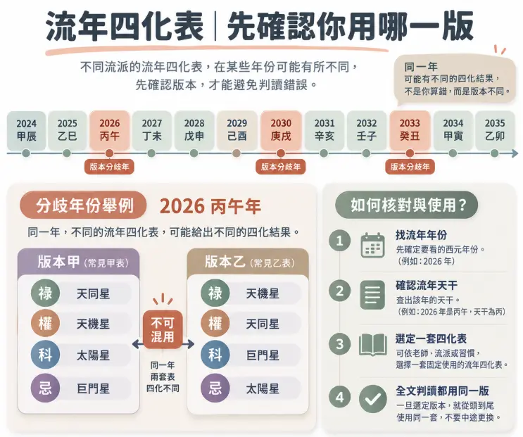 這是一幅提醒學習者留意「流年四化」版本差異的觀念對照圖。畫面以未來十年的時間軸點出存在分歧的關鍵年份，並特別以2026丙午年為例，直觀對比兩派不同的星曜四化設定；圖表右側同步提供四個標準核對步驟，強調選定單一版本後「不可混用」的核心原則，有效協助讀者避開年度解盤時最常犯的基礎錯誤。