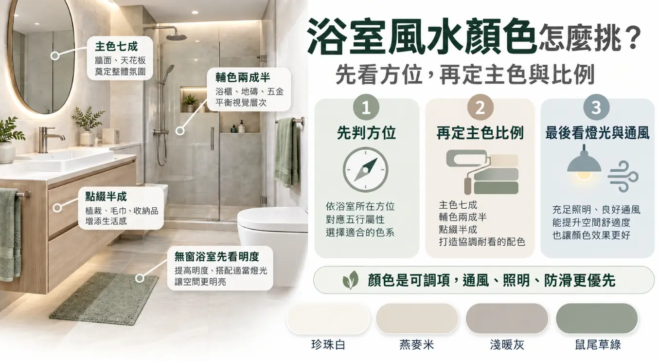 這是一張解析「浴室風水顏色」挑選步驟的空間設計教學圖。左側以一間明亮溫馨的現代衛浴為範例，標示出主色佔七成、輔色佔兩成半與點綴佔半成的實用色彩配置心法；右側則統整出先判別方位五行、再決定主色比例，最後確認燈光與通風的三大執行步驟。圖卡下方同時列出珍珠白、燕麥米等低飽和推薦色，提醒讀者在兼顧風水美學之餘，空間的通風、照明與防滑安全仍是最優先的考量。